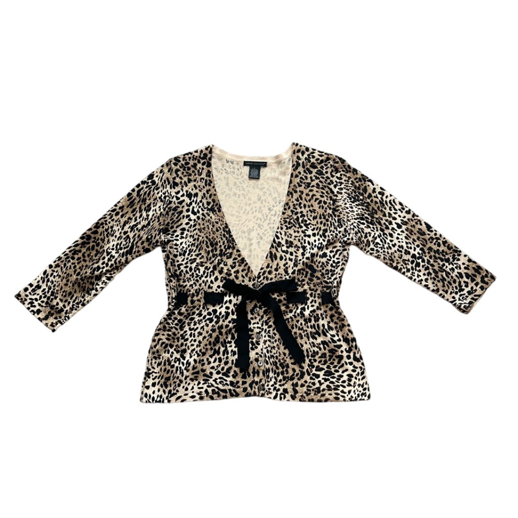 Sarah Spencer 3/4 Silk Cheetah Cardigan Sweater With Ribbon Bow Sz Large